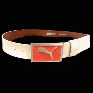 Men’s Large (100cm) white Puma gold belt with oversized orange buckle
